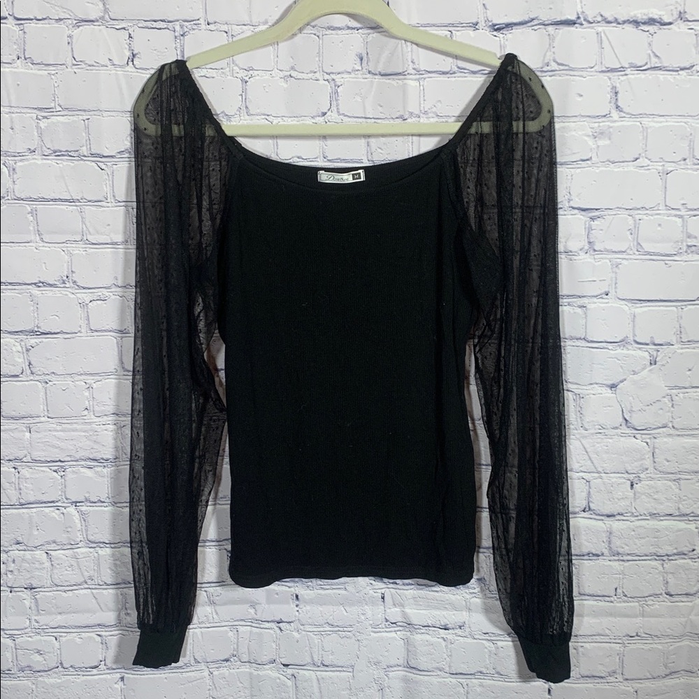 Dorose Women Boat Neck Sheer Long Sleeve Ribbed Top Black Sz M Whimsigoth Witchy